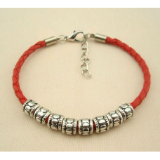 Hot Red Braided Leather Tibetan Tibetan Silver Beaded Bracelet